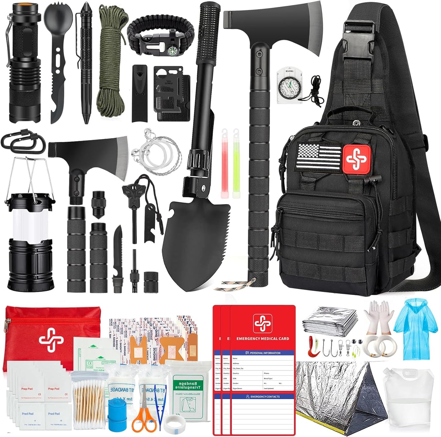 256pcs Survival Kit with Basic First Aid, Emergency Shelter Building and Camping Tools.