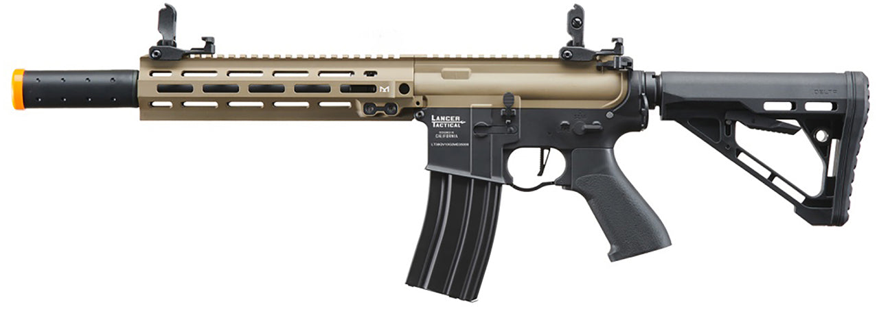Lancer Tactical Blazer 10" M-LOK Proline Series M4 Airsoft Rifle with Delta Stock & Mock Suppressor (Color: FDE Upper Receiver & Black Lower)