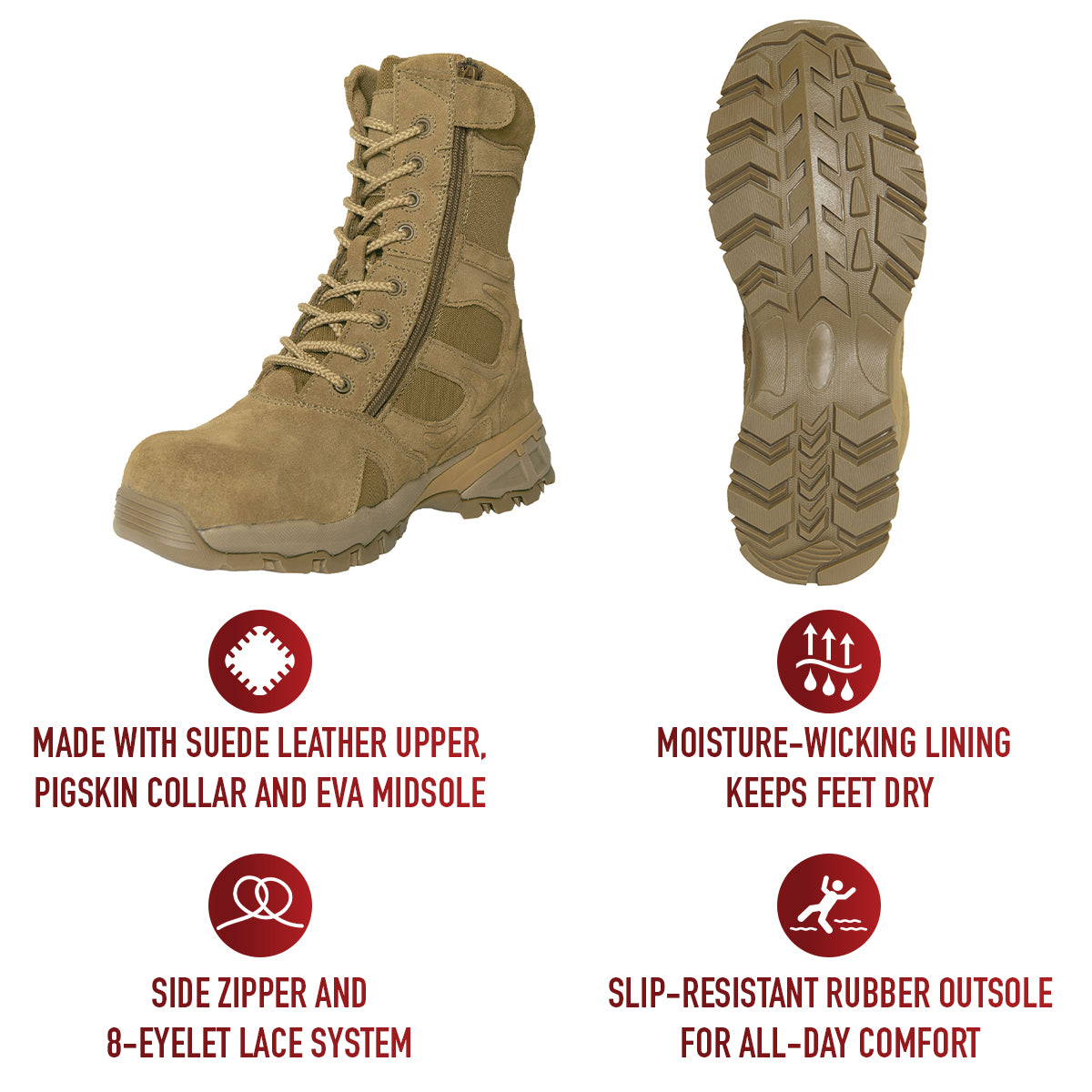 Rothco Forced Entry Composite Toe AR 670-1 Coyote Brown Side Zip Tactical Boot - 8 Inch