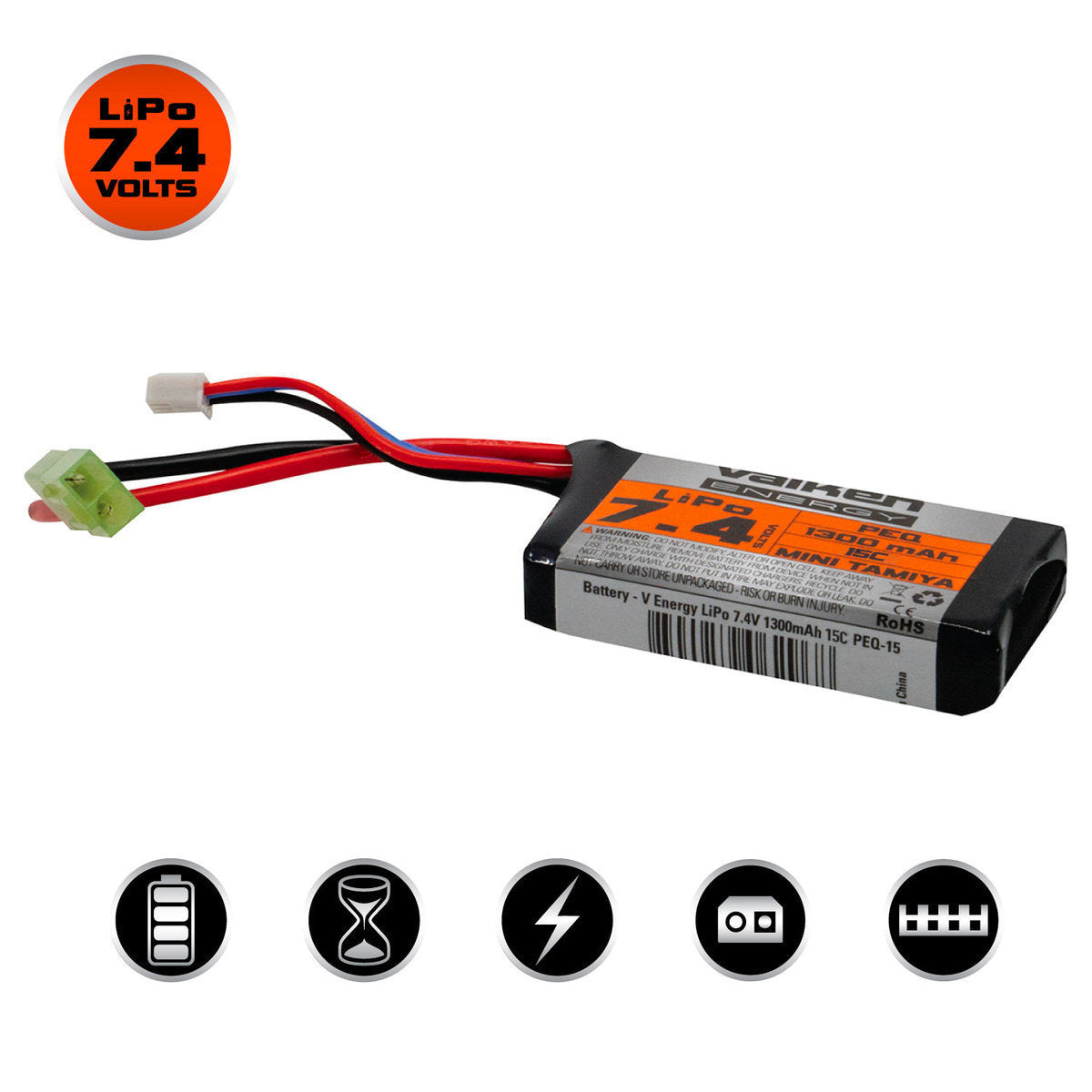 Valken LiPo 7.4v 1300mAh 15C PEQ Airsoft Battery Tamiya