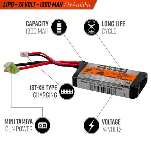 Valken LiPo 7.4v 1300mAh 15C PEQ Airsoft Battery Tamiya