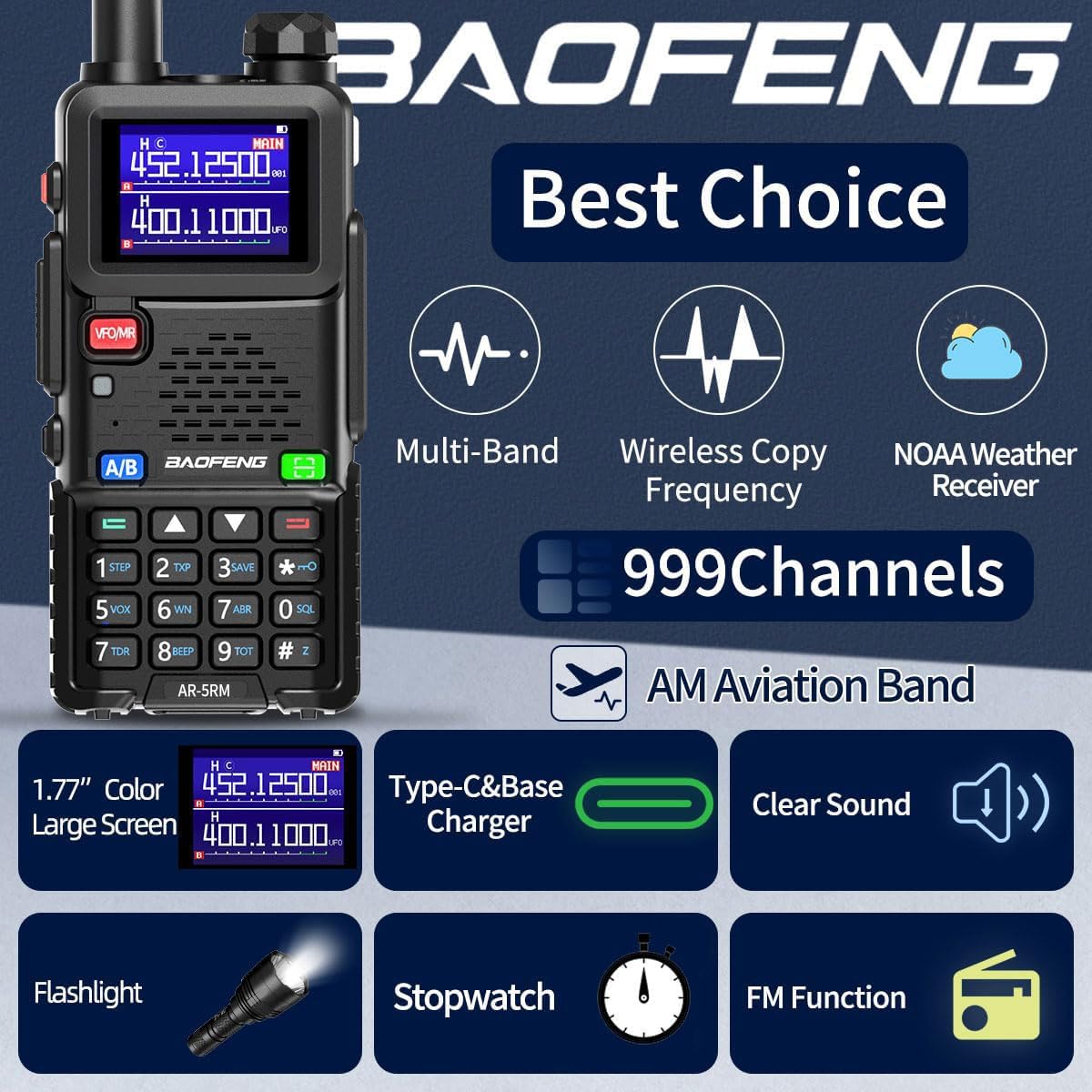 Baofeng AR-5RM 10W NOAA Emergency Tactical Two Way Radio with USB-C Charging for Survival Gear Hunting Camping 2 Pack