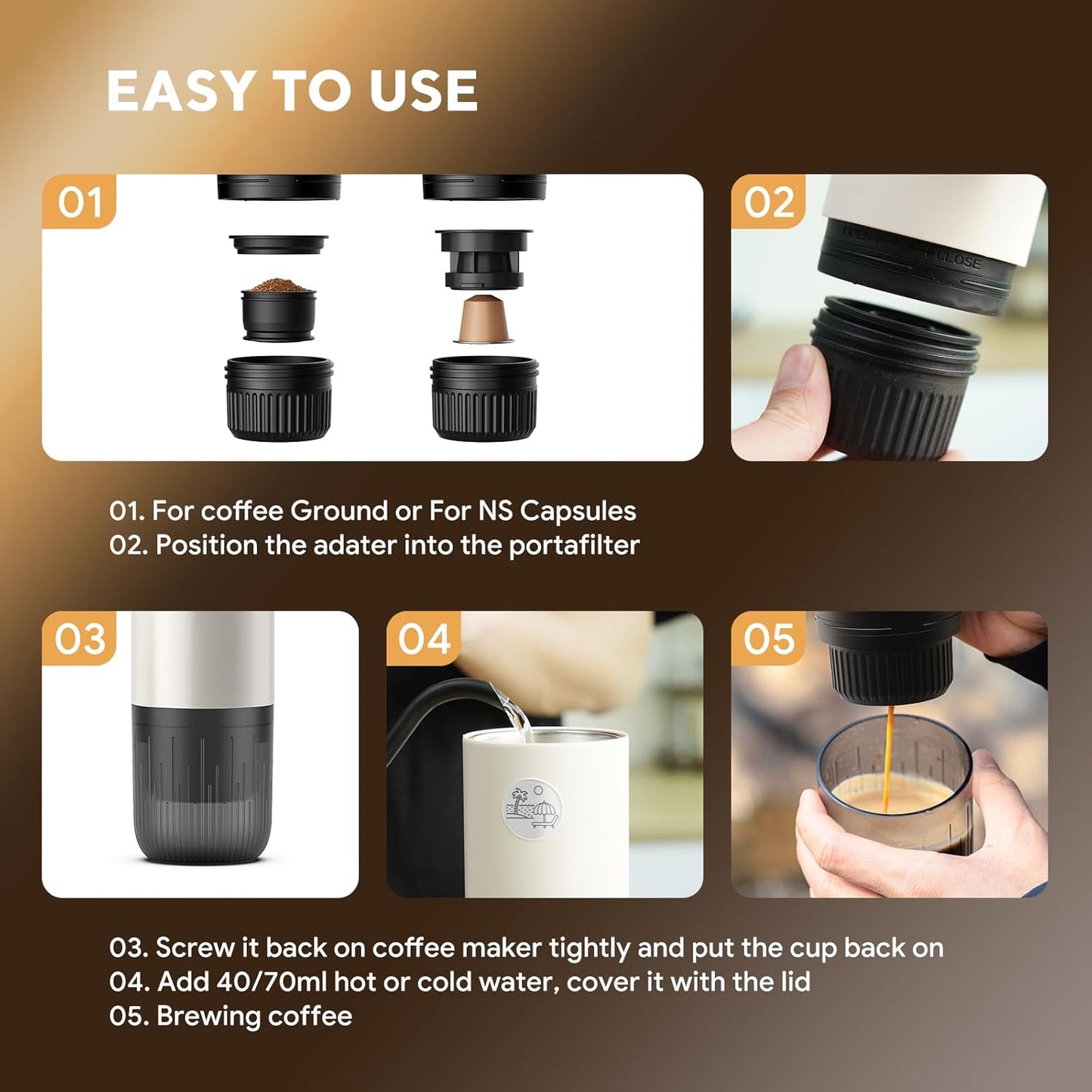 Portable Espresso Machine, Travel Coffee Maker for Camping, Car Coffee Maker Self-Heating with USB-C, 2 in 1 With Ground Coffee & NS Capsule