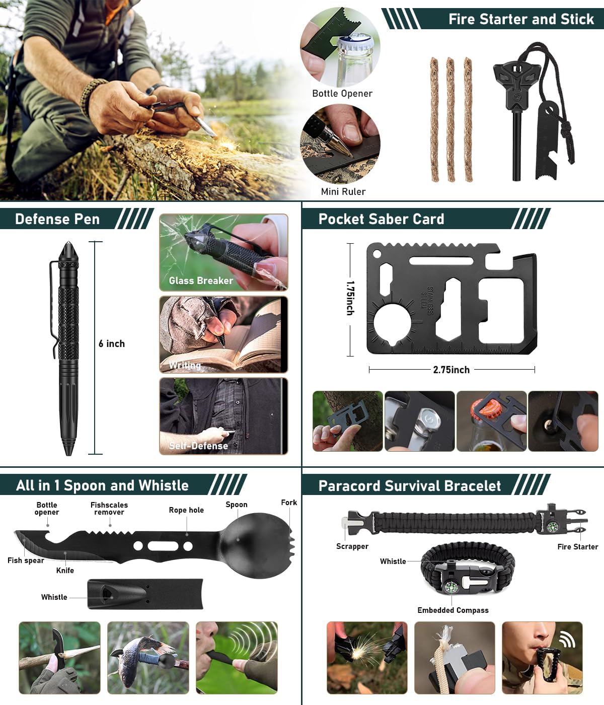 256pcs Survival Kit with Basic First Aid, Emergency Shelter Building and Camping Tools.