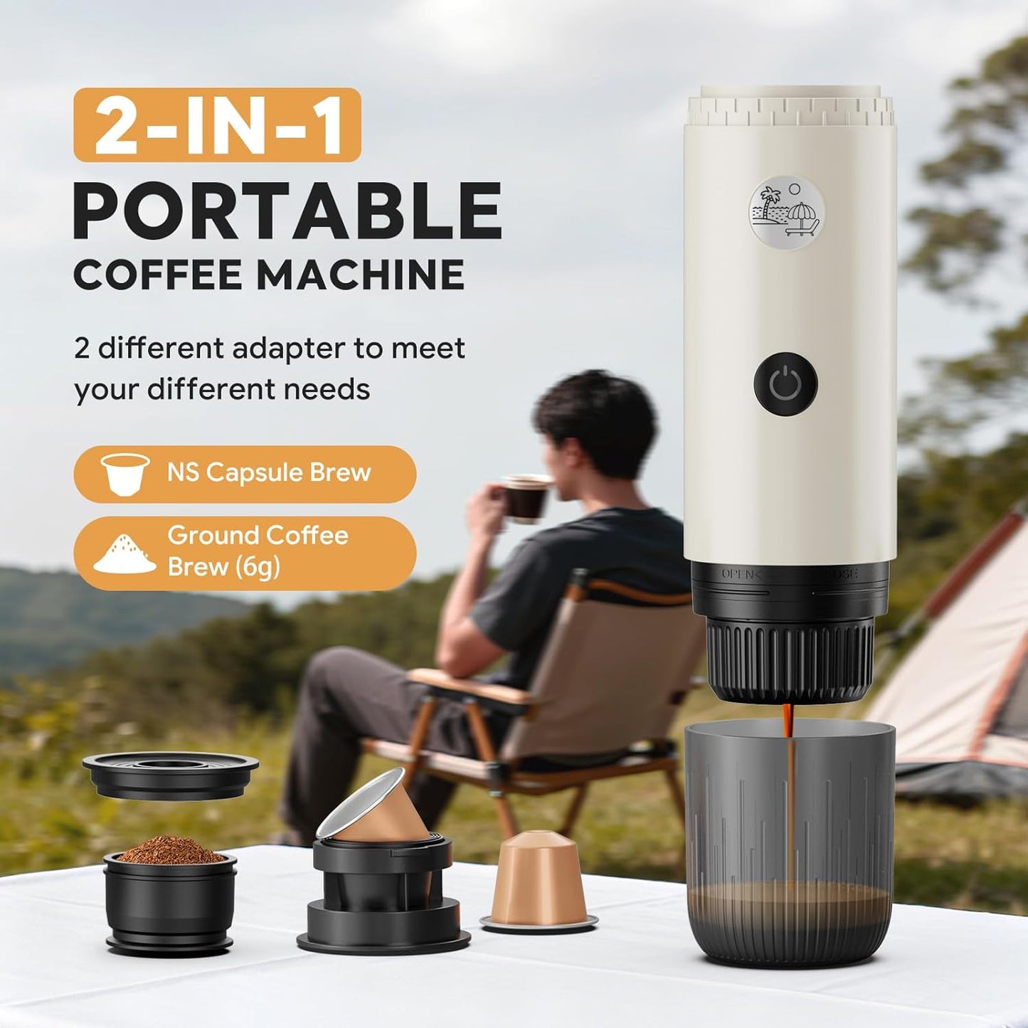 Portable Espresso Machine, Travel Coffee Maker for Camping, Car Coffee Maker Self-Heating with USB-C, 2 in 1 With Ground Coffee & NS Capsule