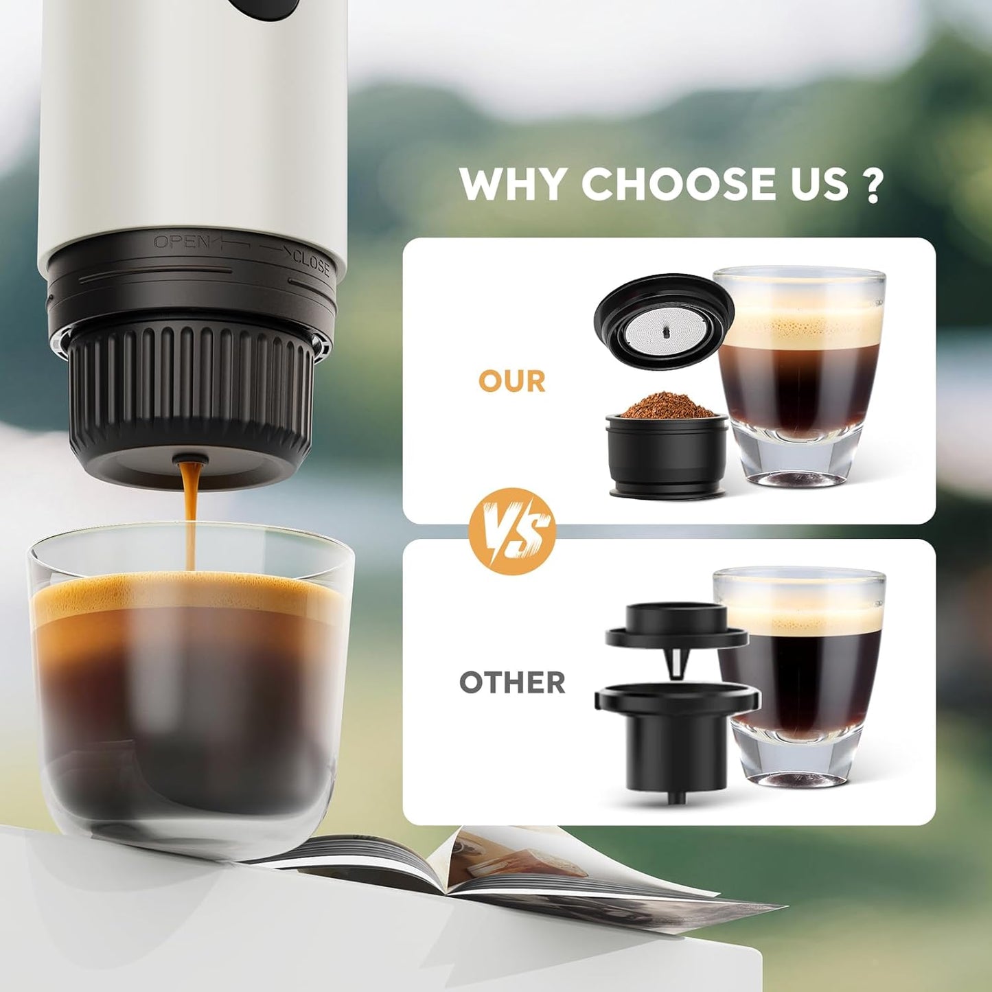 Portable Espresso Machine, Travel Coffee Maker for Camping, Car Coffee Maker Self-Heating with USB-C, 2 in 1 With Ground Coffee & NS Capsule