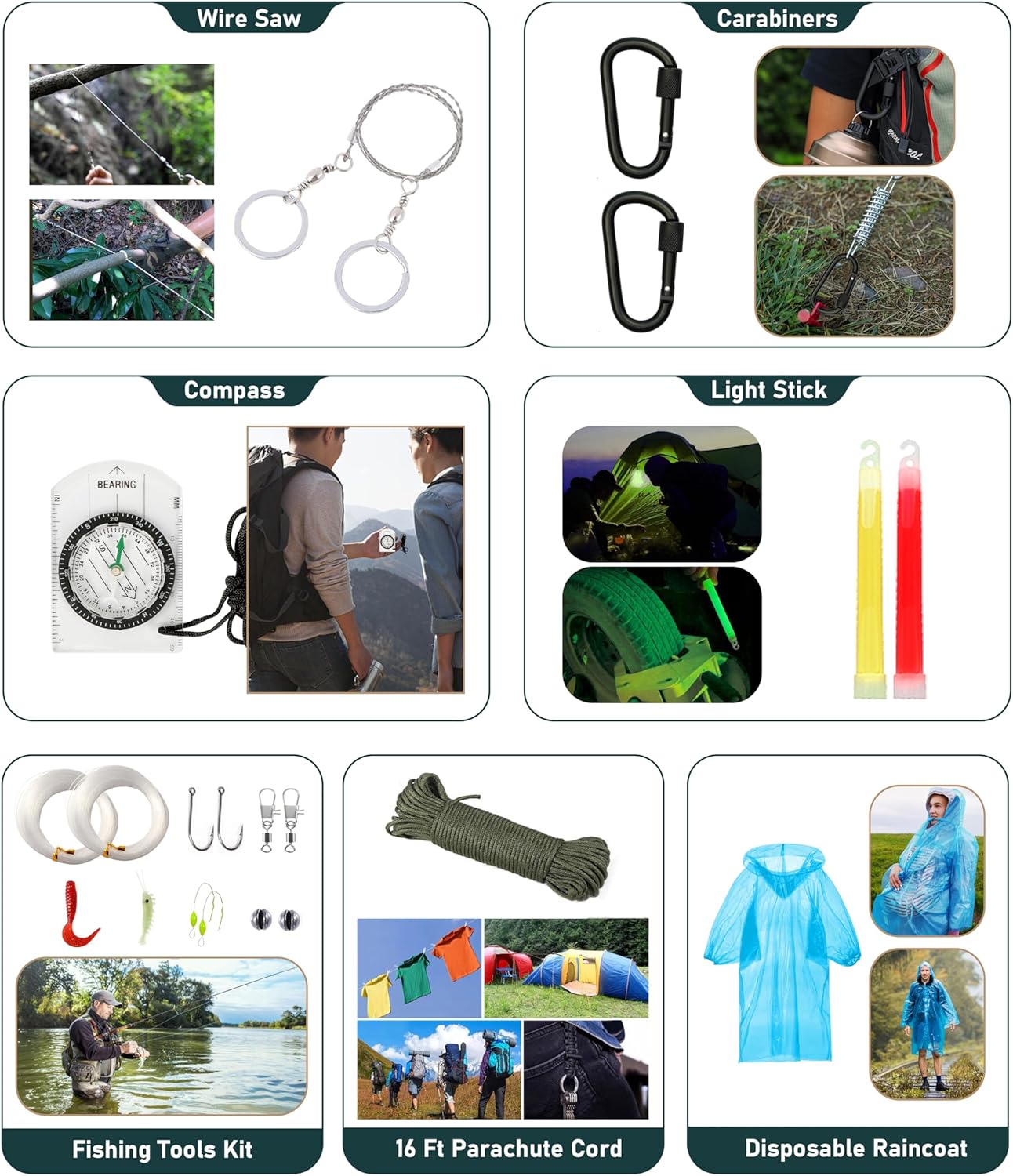 256pcs Survival Kit with Basic First Aid, Emergency Shelter Building and Camping Tools.
