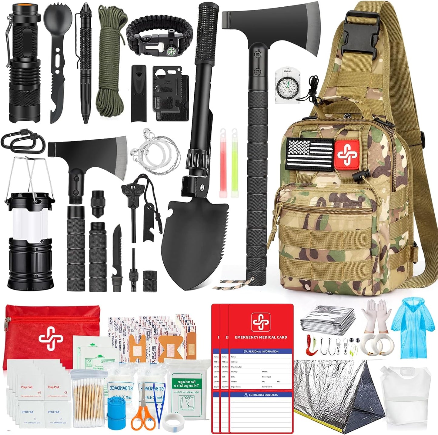 256pcs Survival Kit with Basic First Aid, Emergency Shelter Building and Camping Tools.