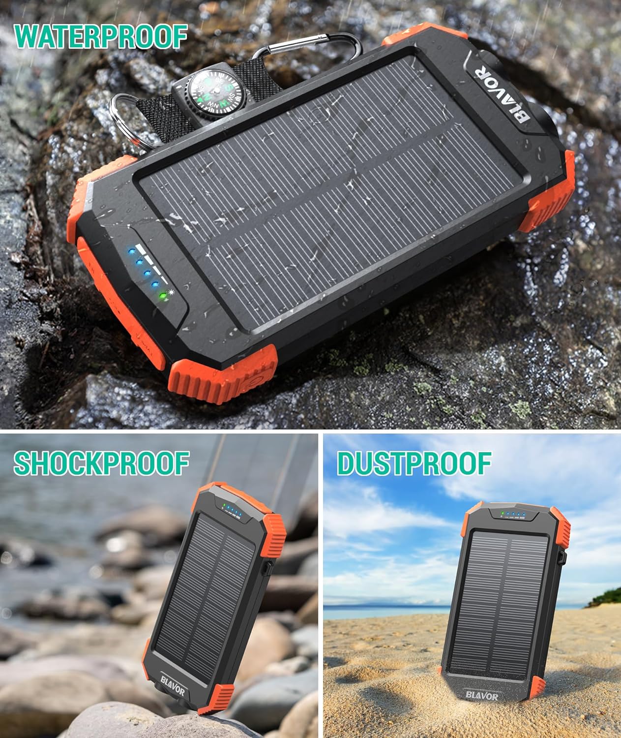 Solar Power Bank 10,000mAh, Portable Wireless Charger, 20W Fast Charging External Battery Pack with USB C for Cell Phones, Solar Panel Charging with Dual Flashlight for Camping