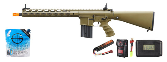Golden Eagle Airsoft SR-25K W/ URX4 M-LOK Handguard & Full Stock - Battery/Adapter/Charger Combo - Tan