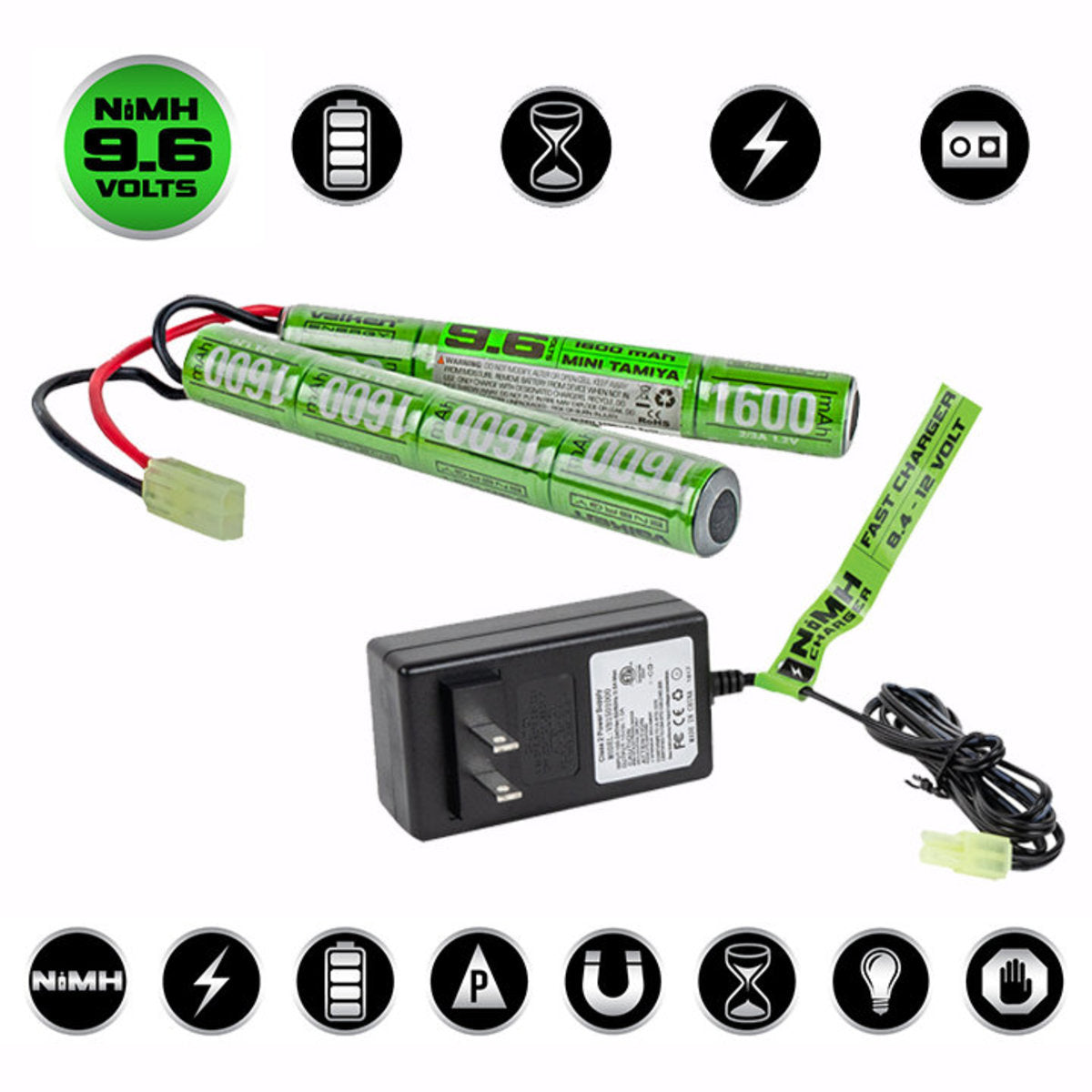 Valken NiMh Power Kit - 9.6V 1600mAh Split Airsoft Battery & 1A Smart Charger